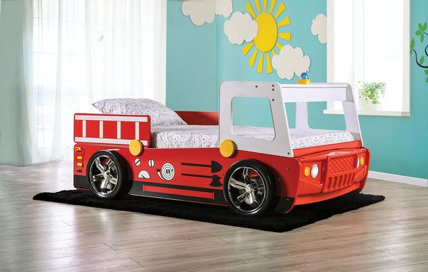 English Elm Twin Fire Truck Bed for Kids with Molded Fascia, Siren Accent, Stationary Wheels & Slat Kit Durable Finish Red 84 L x 20 W x 3 H B2741S00499