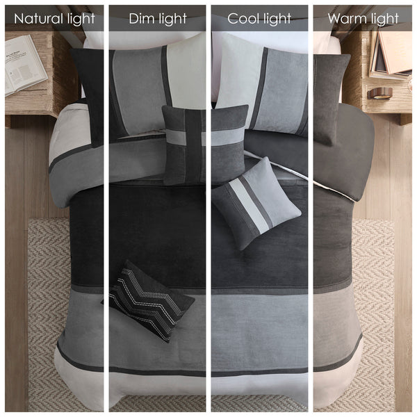 English Elm 7 Piece Faux Suede Comforter Set In Modern Black & Grey For Cal King - Cozy, Hypoallergenic & Stylish! B03597217