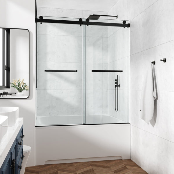 English Elm 60*72" Frameless Double Sliding Shower Door with 10mm SGCC Tempered Glass, Leak‑Free 304 Stainless Hardware Black T3177P320586