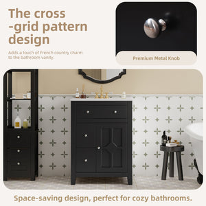 English Elm 24" Modern Bathroom Vanity with Ceramic Basin, French Country Cross-Grid Design & Soft-Close Drawers Black N710P280655B
