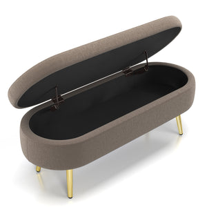 English Elm Ottoman Oval Flannel Storage Bench with Matte Metal Legs for Bedroom or Living Room Brown W487P438631