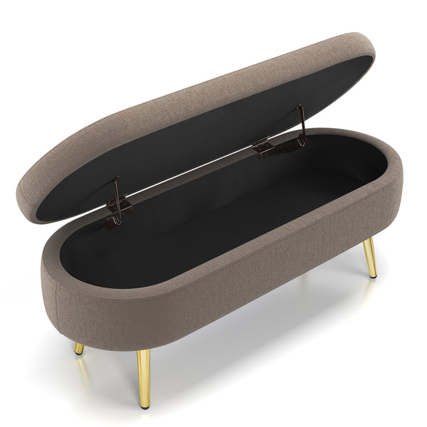 English Elm Ottoman Oval Flannel Storage Bench with Matte Metal Legs for Bedroom or Living Room Brown W487P438631