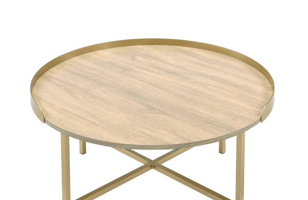 English Elm Mithea Round Oak & Gold Coffee Table – Contemporary Tray Top, Cross-Bar Metal Base, Durable MDF Finish B2726P281463