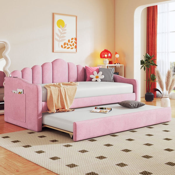 English Elm Twin Velvet Upholstered Daybed with Pull Out Trundle and Built in Usb Charging N733S382368H