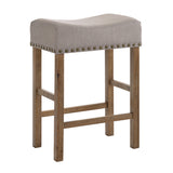 Set of 2 Tan Linen Upholstered Counter Stools with Rustic Oak Finish