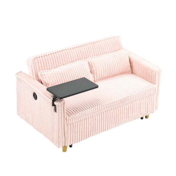 English Elm The pull-out corduroy sofa bed with convertible tabletop and USB charging ports for living room comfort Pink W1278P249022