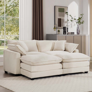 English Elm Corduroy Two-Seater Sofa With Ottoman - Stylish Light Beige Sofa Bed For Small Spaces & Relaxation W714S00771