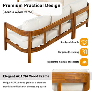 English Elm U_style Acacia Wood Outdoor L Shaped Corner Sofa Set with Arc Frame and Cushions White WY000481AAA