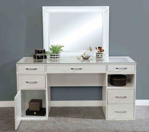 English Elm Contemporary Glam Vanity with Rhinestone Trim and Tempered Glass Top, High Gloss Finish, Illuminated Appeal White 65 L x 25 W x 11 H B2741S00676