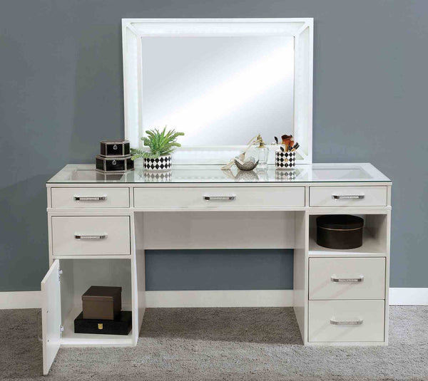 English Elm Contemporary Glam Vanity with Rhinestone Trim and Tempered Glass Top, High Gloss Finish, Illuminated Appeal White 65 L x 25 W x 11 H B2741S00676