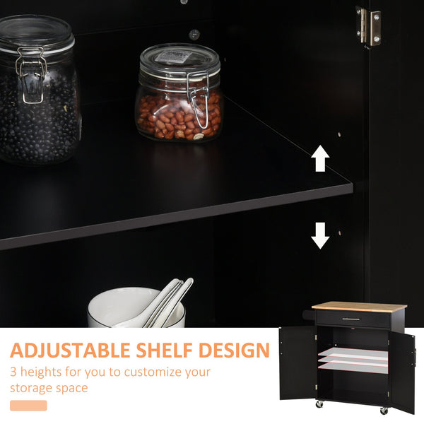 English Elm HOMCOM Mobile Kitchen Island Cart with Drawer & Cabinet, Rubberwood Countertop, Towel Rack, Black W2225P173900