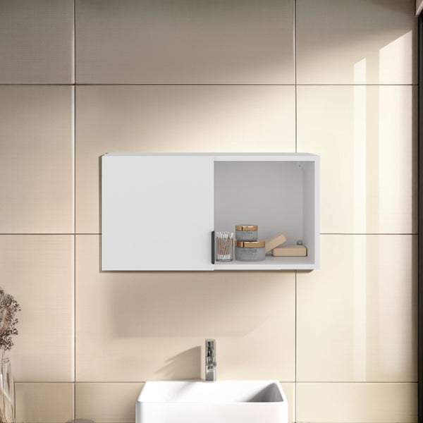 English Elm FM FURNITURE Floating Bathroom Cabinet with Soft-Close Door, Hidden Storage and Open Shelf White 31.1 L x 18.5 W x 4.3 H B128P387078