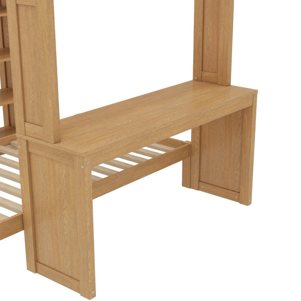English Elm Queen Over Twin Bunk Bed With Built-In Desk, Storage, And Dismountable Lower Bed - Natural Wood W1580S00216-GIGA