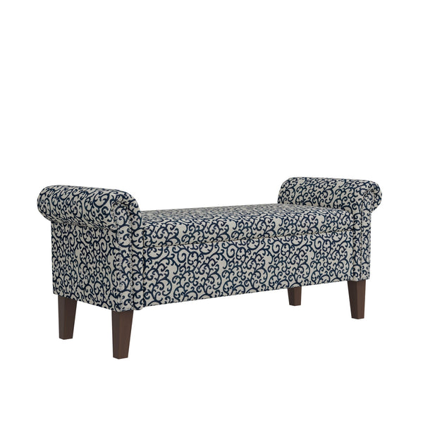 English Elm Wallen Traditional Upholstered Storage Ottoman Bench with Nailhead Trim and Vine Pattern Black,White,Wood B127P409580