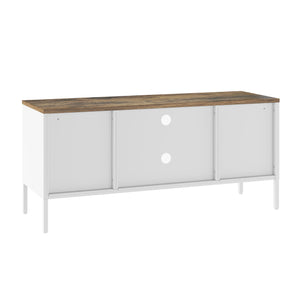 English Elm Landen 47" Metal Storage Cabinet with Wood Top and Cable Management — Sleek Industrial TV Console, Adjustable Legs White B365P397849