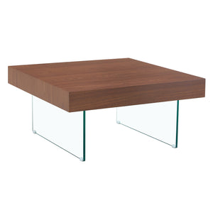 English Elm Walnut Square MDF Coffee Table 31.5"x31.5" with Tempered Glass Legs, Thick 4" Top, Anti-Slip Pads W1151P233512