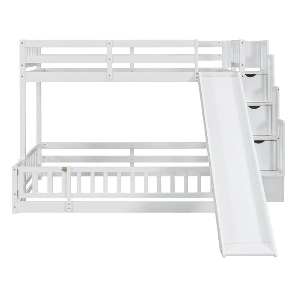 English Elm Twin Over Full Bunk Bed With Slide & Storage Staircase - Stylish Pine Bed With Safety Guardrails, White W504S00185-GIGA