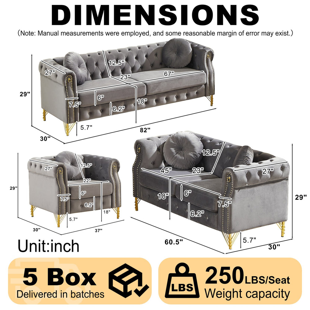 English Elm Velvet Chesterfield Tufted Sofa with Copper Stud Trim and Gold Legs for Glam Living Grey W834S00633