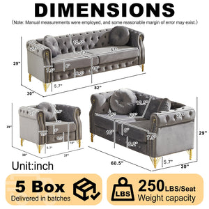 English Elm Velvet Chesterfield Tufted Sofa with Copper Stud Trim and Gold Legs for Glam Living Grey W834S00633