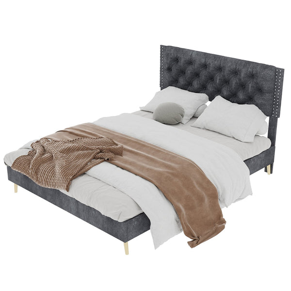 English Elm Velvet Tufted Queen Platform Bed Diamond Headboard for Elegant Master Bedroom W1935P361004