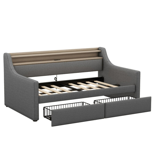English Elm Twin Size Daybed With Built-In Storage, Charging Station & Led Lights - Stylish Gray Upholstered Design W1580S00060-GIGA