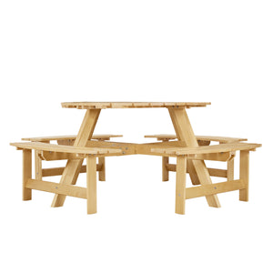 English Elm 8-person Round Natural Wood Picnic Table with Built-in Benches and Umbrella Opening W1758P292490
