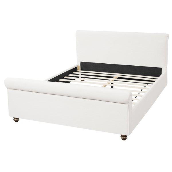English Elm Queen Linen Upholstered Bed Frame Thick Rolled Headboard Solid Rubberwood Legs Bedroom White N757Q384827W