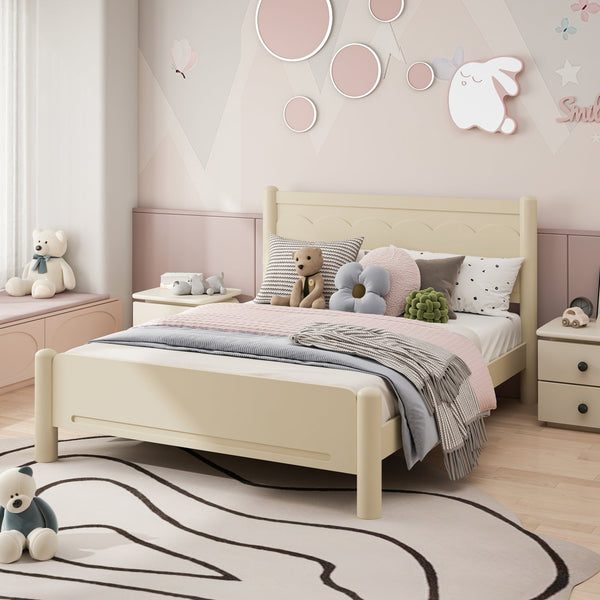 English Elm Queen Platform Bed Frame - Solid Rubberwood Construction, 10 Slats Support, No Box Spring Needed, Stylish Headboard and Under-Bed Storage Space Beige+Natural 63.39 L x 18.7 W x 4.53 H W1716S00023