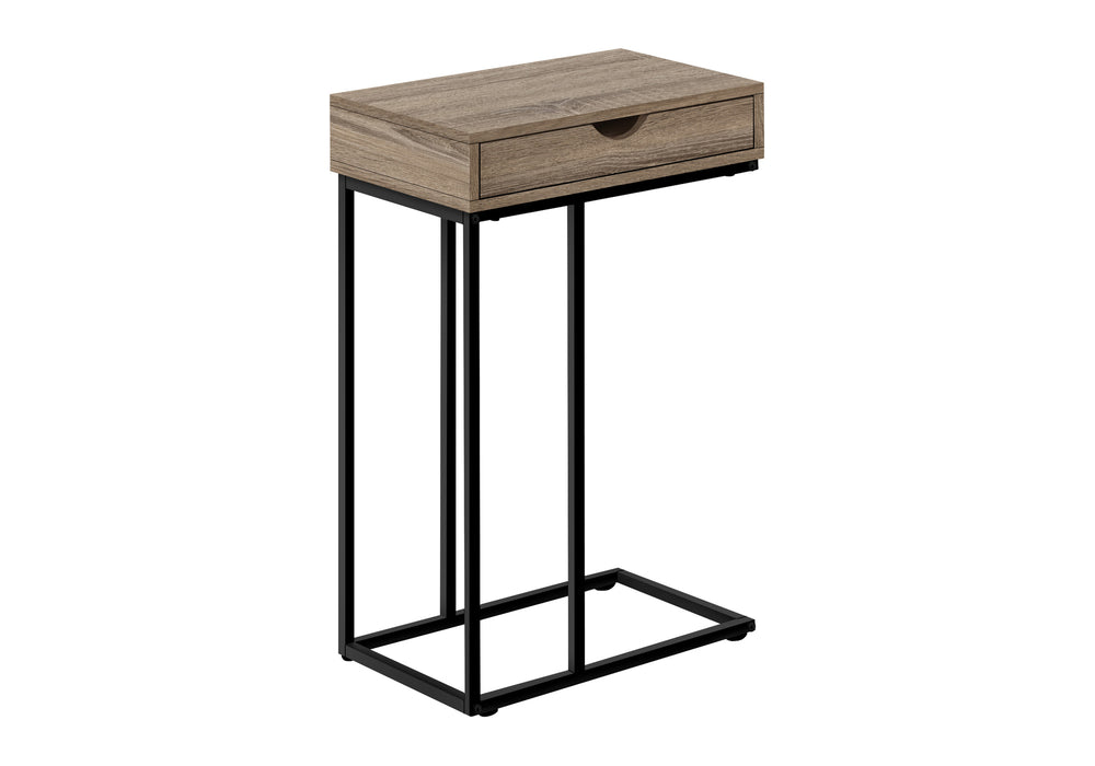 English Elm Accent Table, C-Shaped Design For Modern Living Spaces, Storage Drawer, Sleek Black Metal Frame B2710P219420