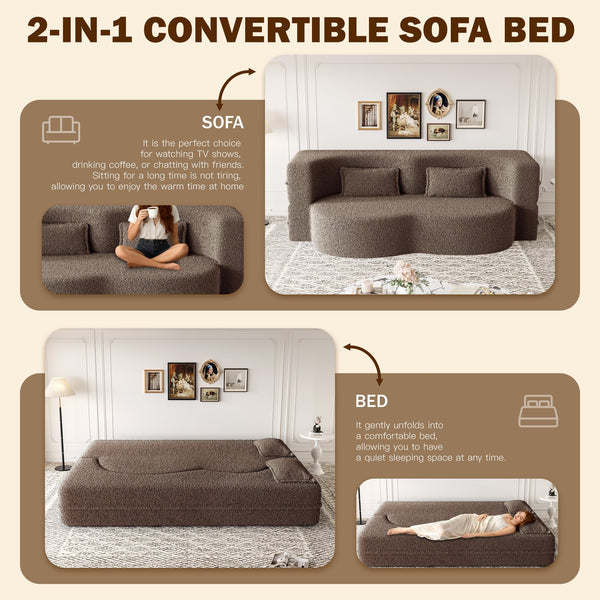 English Elm Modern Full Size Folding Sofa Bed with Teddy Fabric, 15" Foam Sleeper, Removable Covers & 2 Pillows for Guests Brown W1885P308287