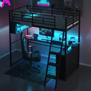 English Elm Twin Metal Loft Bed with LED Desk & 4 Shelves, Black — Sturdy Metal/Wood Frame, Space-Saving Design GX000652AAB