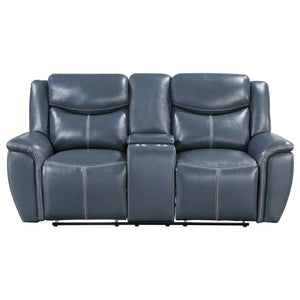 English Elm Stanwicke Blue 2-Piece Reclining Sofa Set with Loveseat Console, Faux Leather, Contrast Stitching, Pillowtop Arms for Ultimate Comfort B062S01275