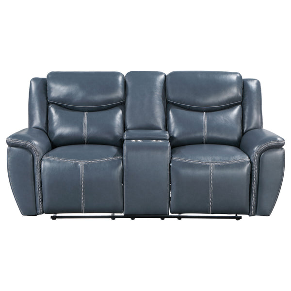 English Elm Stanwicke Blue 2-Piece Reclining Sofa Set with Loveseat Console, Faux Leather, Contrast Stitching, Pillowtop Arms for Ultimate Comfort B062S01275