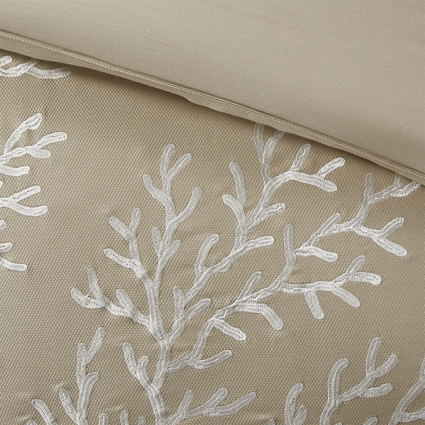 JLA Home Harbor House Blue - 5 Harbor House Coastline Duvet Set — Taupe jacquard with white coral embroidery, pieced border, secure ties 90 L x 90 W x 0.13H HH12-1545