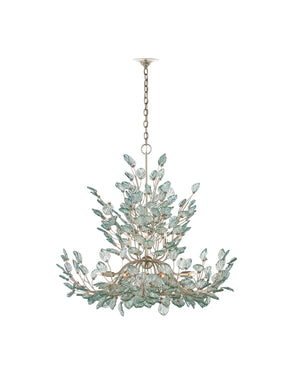 Currey & Company Baobab Medium Silver Chandelier - Elegant Biophilic Design With Recycled Glass Leaves & Dimmable Light Blue Recycled Glass ,Wrought Iron 9000-1294-currey-company
