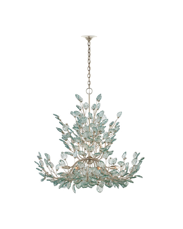Currey & Company Baobab Medium Silver Chandelier - Elegant Biophilic Design With Recycled Glass Leaves & Dimmable Light Blue Recycled Glass ,Wrought Iron 9000-1294-currey-company
