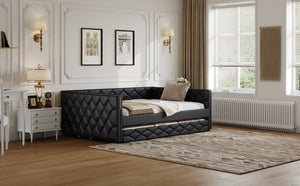 English Elm Full XL Upholstered Daybed with Trundle and Built-In LED Lighting, Tufted Arms, Solid Wood Frame Black N7090000611B