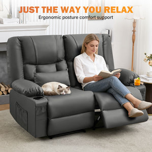 English Elm Recliner Loveseat with Massage Heat Pu Leather Dual Seating and Usb Charging Ports Grey W1521S00081