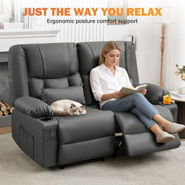 English Elm Recliner Loveseat with Massage Heat Pu Leather Dual Seating and Usb Charging Ports Grey W1521S00081