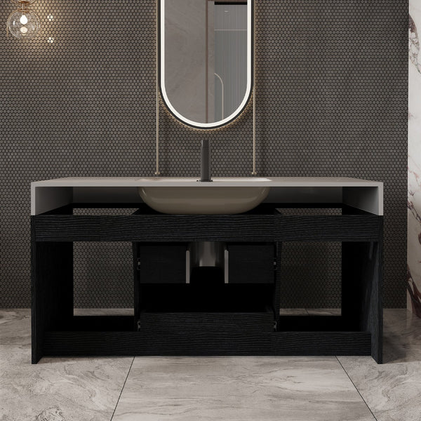 English Elm 39.4 Inch Floating Bathroom Vanity Sintered Stone Top Solid Wood 2 Soft Close Drawers W3136S00037