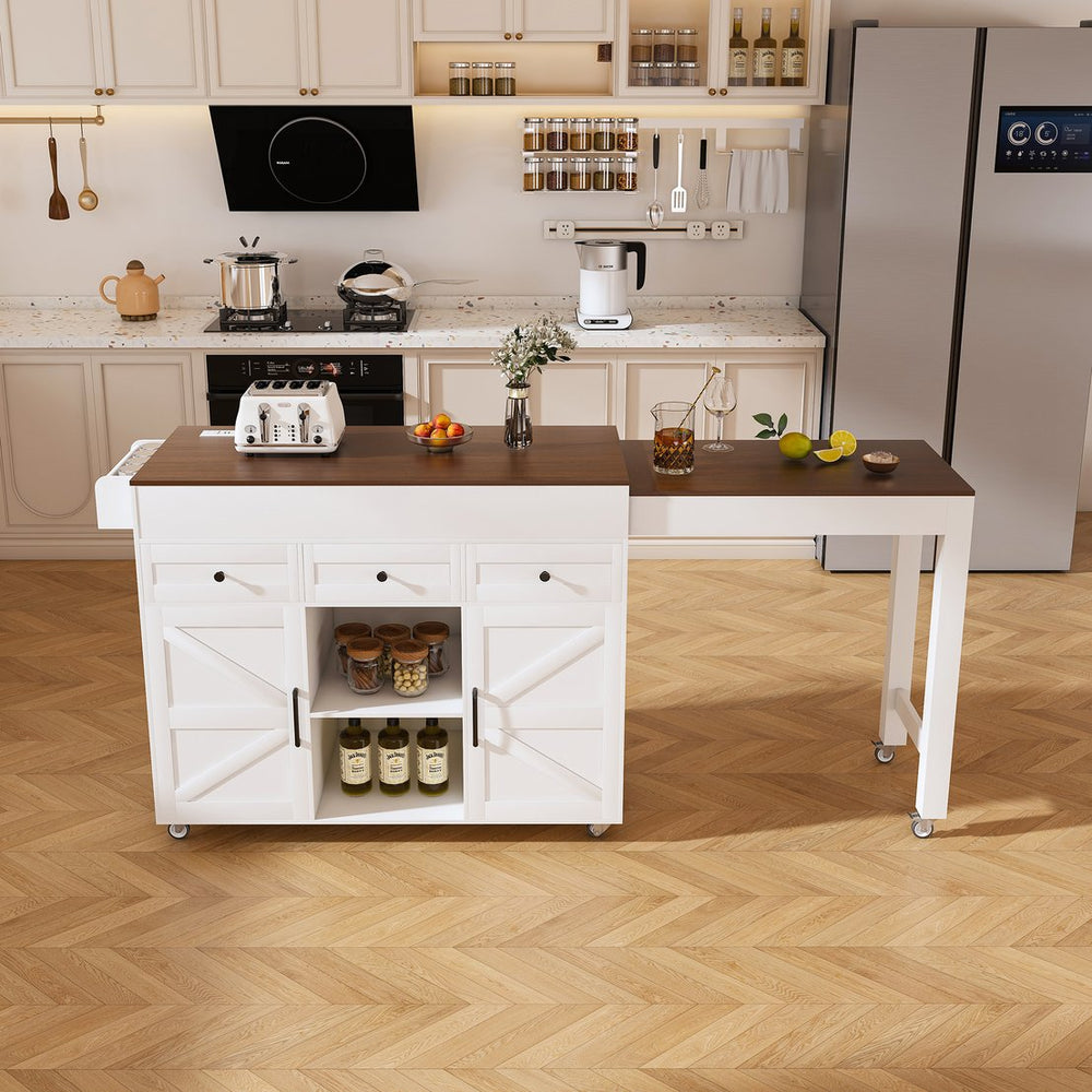 English Elm 74.8" Rolling Kitchen Island Extendable Marble Veneer Top with Power Outlet and Storage W2700S00105