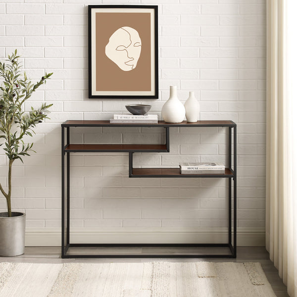 English Elm Walker Edison - Modern Minimal Floating Shelf Entryway Table Dark Walnut – Sleek 2-Shelf MDF & Steel Wall Console for Hallway Storage and Display B185P168982