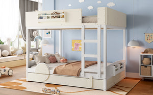 English Elm Queen Bunk Bed with Trundle Solid Pine Kids Car Themed Frame Built-in Bookshelf Beige+White W1580S00446