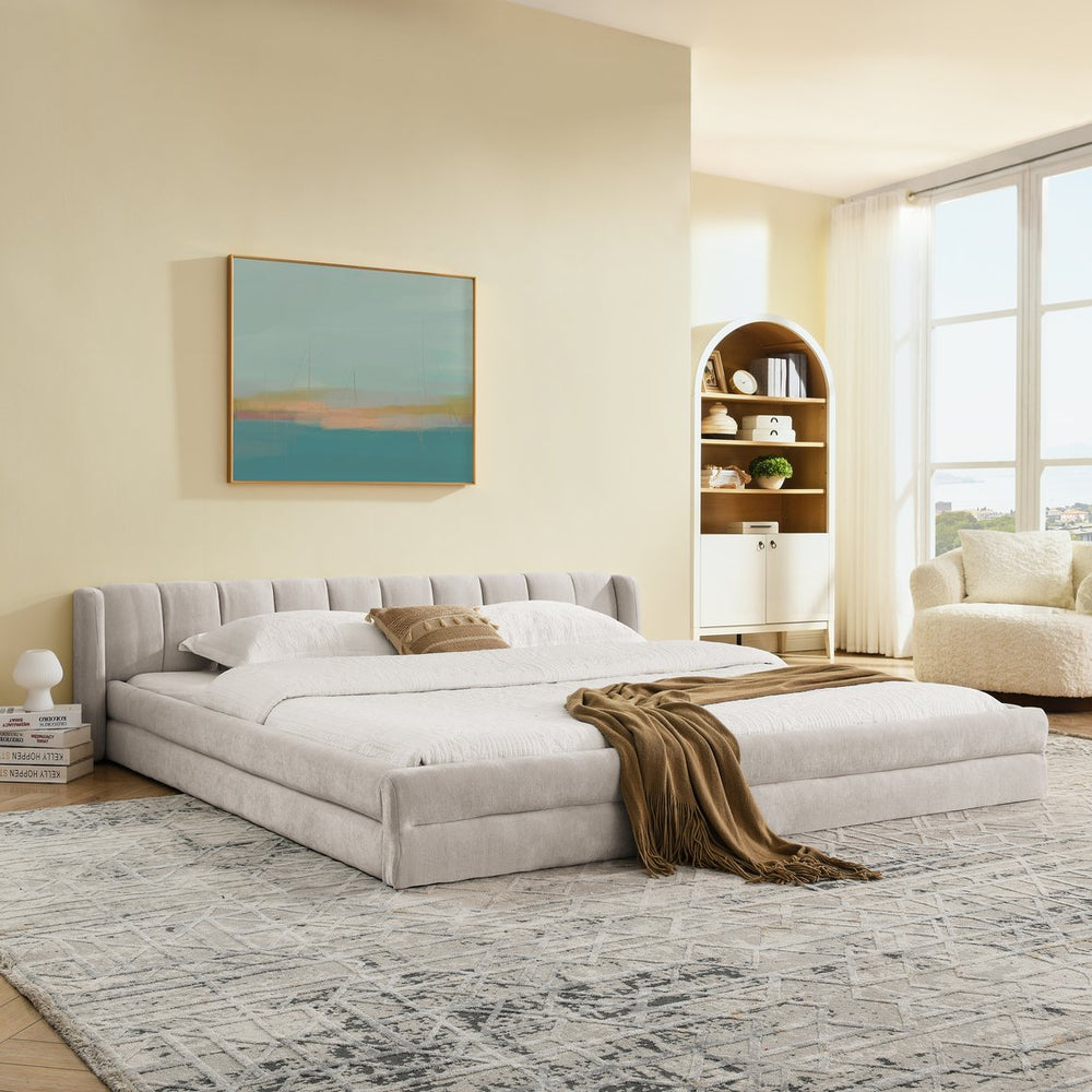 English Elm King Platform Bed Full Chenille Upholstery Low Profile Frame for Modern Bedroom Beige W487S00433