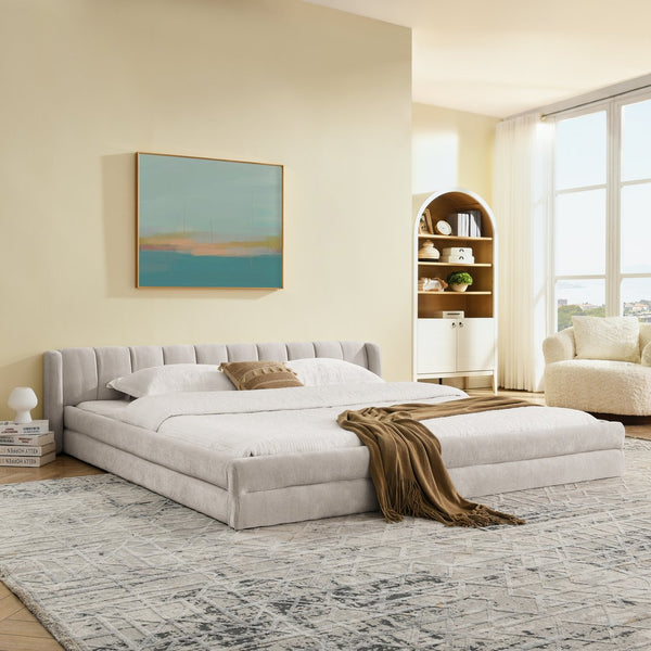 English Elm King Platform Bed Full Chenille Upholstery Low Profile Frame for Modern Bedroom Beige W487S00433