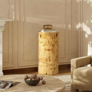 English Elm Nebula Burl Wood Pillar Side Table Sculptural Accent Pedestal Organic Grain Modern B2719P277869