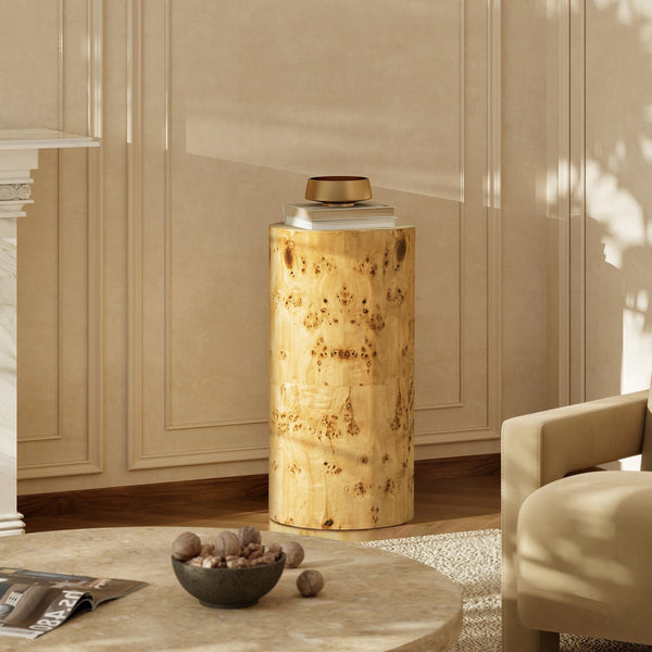 English Elm Nebula Burl Wood Pillar Side Table Sculptural Accent Pedestal Organic Grain Modern B2719P277869