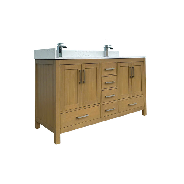 English Elm 60" Double Sink Vanity Solid Wood Cabinet Carrara Marble Top Brown Oak Finish T3785P442236