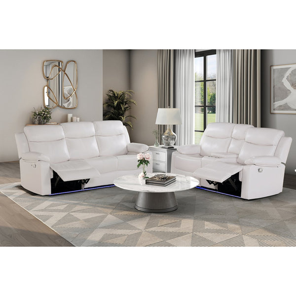English Elm Blanche White Upholstered Reclining Sofa with LED Lights, Pillow Top Arms & Medium Firm Seating B201P391847