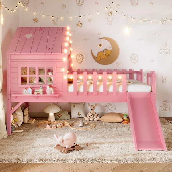 English Elm Twin Playhouse Loft Bed Solid Pine Frame with Slide Led Lights and Star Roof Pink W5316S00003